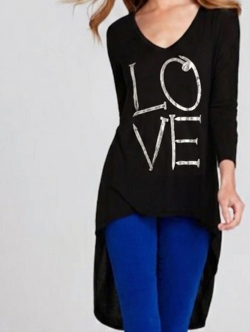 Lauren Moshi LOVE Nail Graphic high-low v-neck LS Tee/dress In Blk/Silver Sz XS